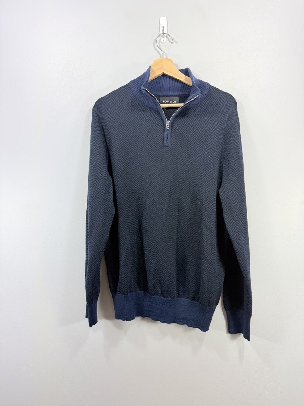 BONOBOS Merino Wool 1/4 Zip Sweater Blue Gray Herringbone Size Med